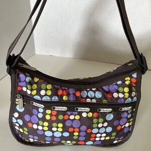 ❤️LeSportsac Hobo Dark Brown Bright Multicolor Dots Nylon Crossbody/Shoulder Bag